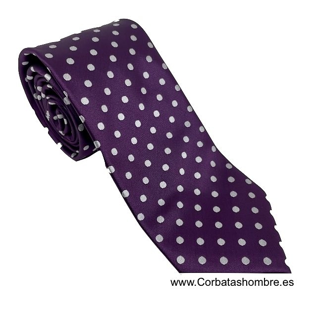 CONJUNTO ELEGANTE DE CORBATA Y PAÑUELO MORADO CON LUNARES BLANCOS A JUEGO 