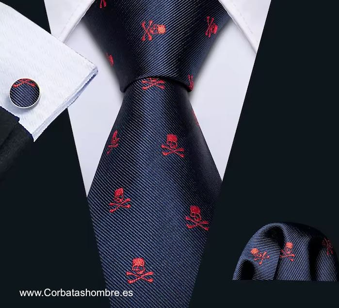 CONJUNTOS CORBATA Y PAÑUELOS TRAJE AZUL MARINO CON CALAVERAS ROJAS A JUEGO 