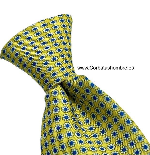 CORBATA AMARILLA CON FLORECILLAS BLANCAS Y AZULES 