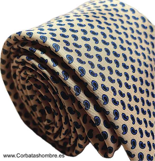 CORBATA AMARILLA CON PEQUEÑOS CACHEMIRES AZULES Y NEGROS 