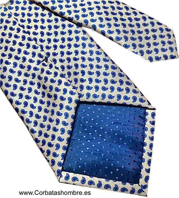 CORBATA AMARILLA CON PEQUEÑOS CACHEMIRES AZULES Y NEGROS 