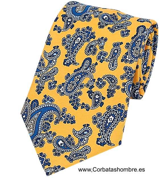 CORBATA AMARILLA DE CACHEMIRES AZULES Y BLANCOS 