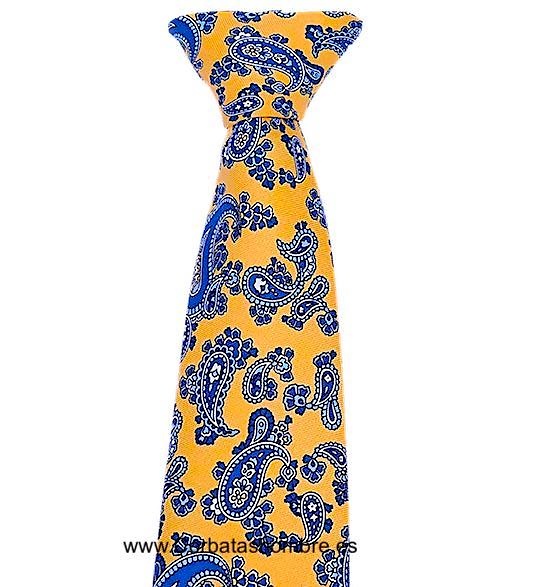 CORBATA AMARILLA DE CACHEMIRES AZULES Y BLANCOS 