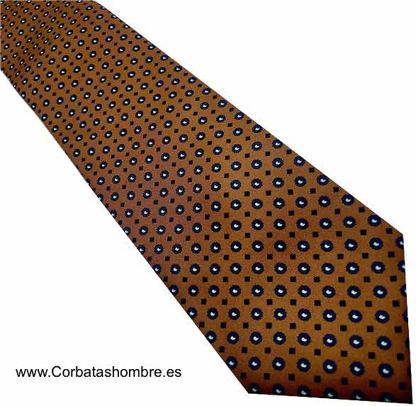CORBATA ANCHA OCRE CON LUNARES AZUL MARINO ALTERNADOS DE PEQUEÑOS ROMBOS 