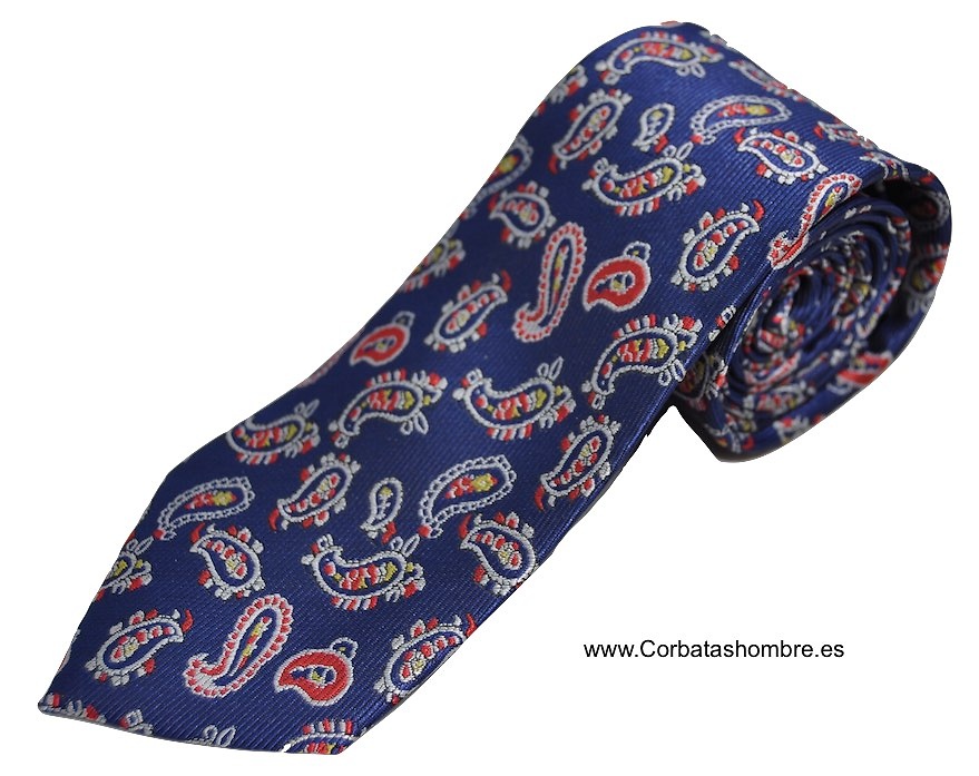 CORBATA AZUL CON CACHEMIRES MEDIANOS ROJOS 