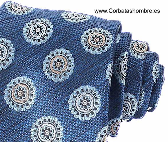 CORBATA AZUL CON DIBUJO ROSETONES CELESTES Y BLANCOS ASPECTO LINO 