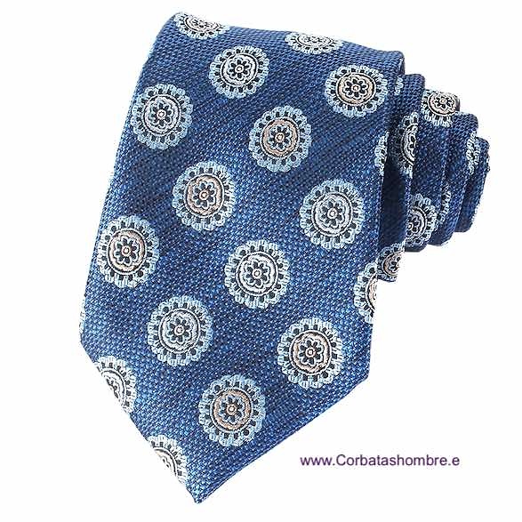 CORBATA AZUL CON DIBUJO ROSETONES CELESTES Y BLANCOS ASPECTO LINO 