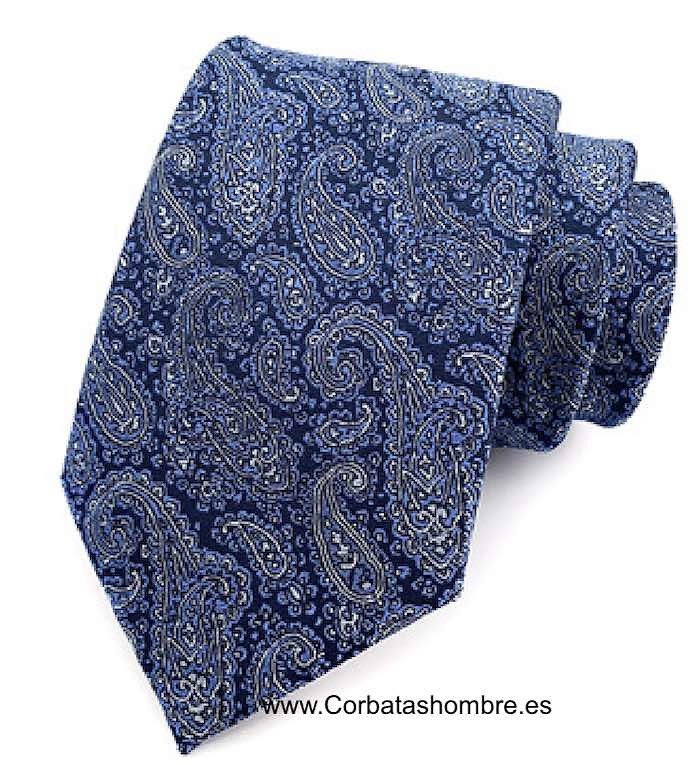 CORBATA AZUL CON DIBUJOS DE PASLEY CACHEMIR AZULES SOBRE FONDO AZUL MARINO 