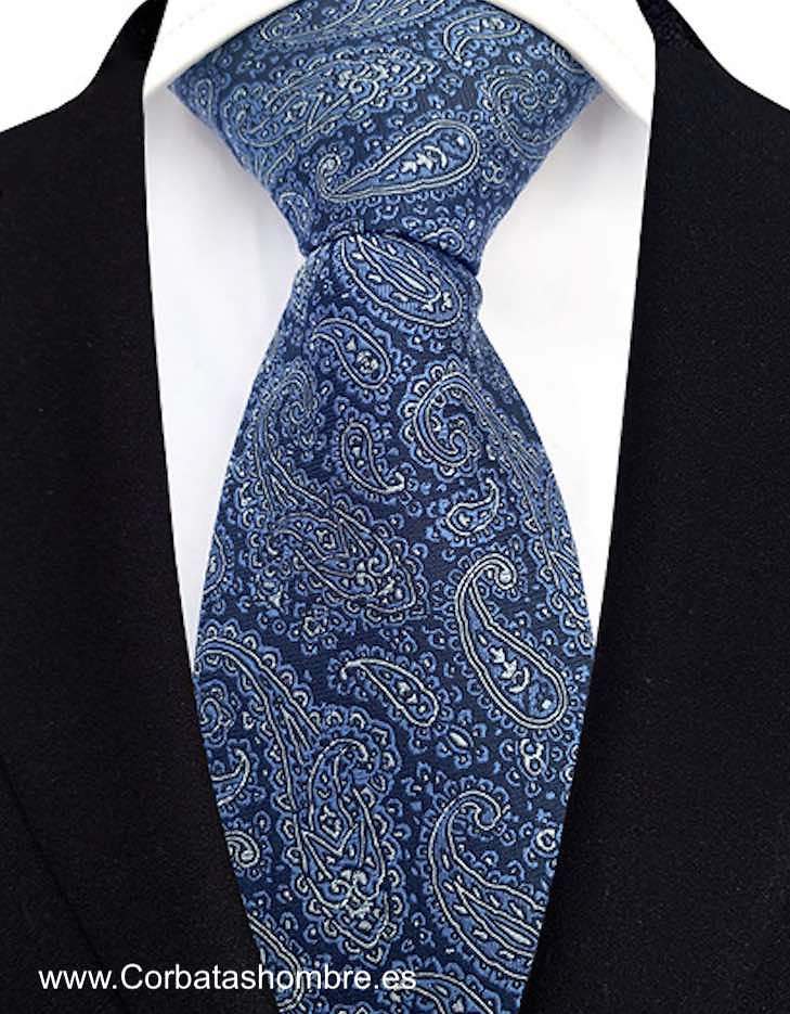 CORBATA AZUL CON DIBUJOS DE PASLEY CACHEMIR AZULES SOBRE FONDO AZUL MARINO 