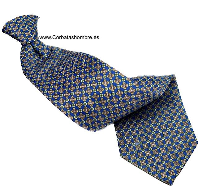 CORBATA AZUL DE FLORECITAS DE CUATRO PETALOS CON CÍRCGULOS 