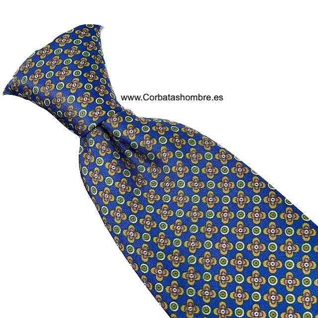 CORBATA AZUL DE FLORECITAS DE CUATRO PETALOS CON CÍRCGULOS 