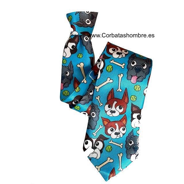 CORBATA AZUL INTENSO ORIGINAL Y DIVERTIDA CON CARAS DE PERROS HUESOS Y PELOTAS DE TENIS 