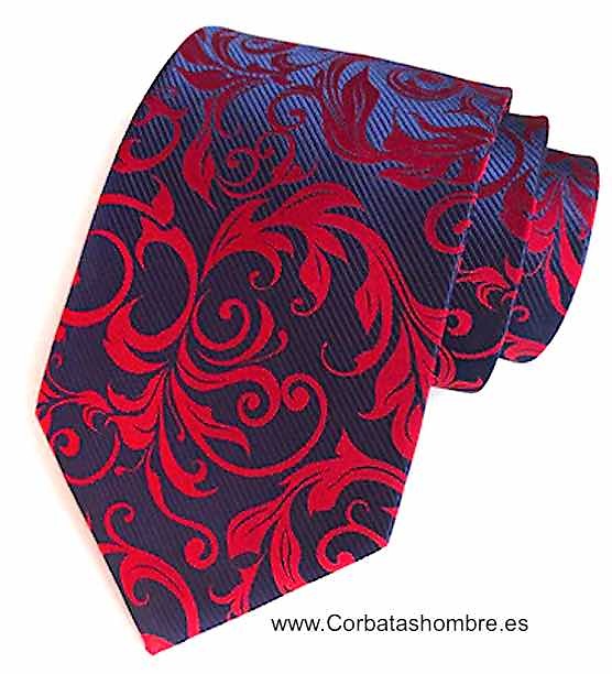 CORBATA AZUL MARINO CON CENEFA DE HOJAS ROJAS MUY ELEGANTE 