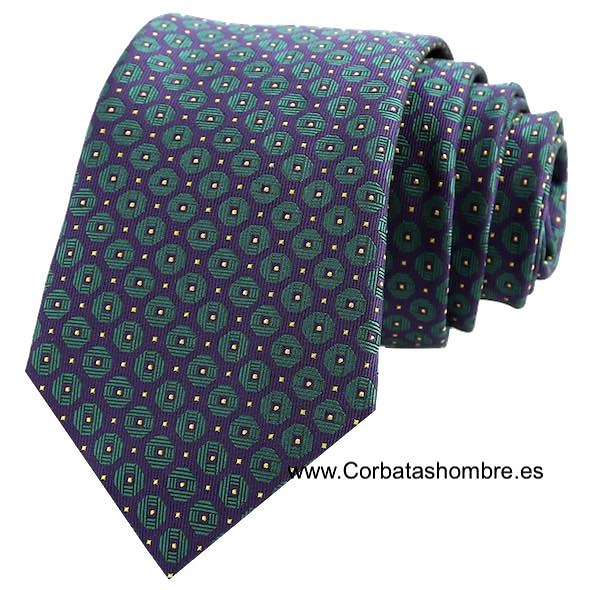 CORBATA AZUL MARINO CON CIRCULOS VERDES RAYADOS MUY ELEGANTE 