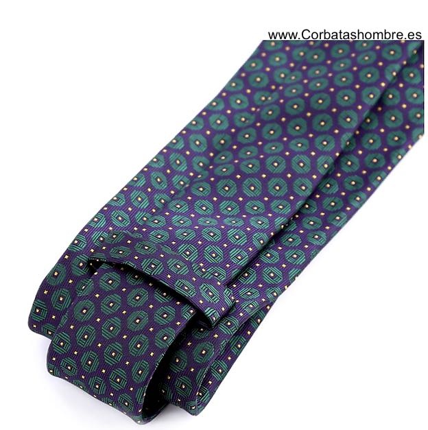 CORBATA AZUL MARINO CON CIRCULOS VERDES RAYADOS MUY ELEGANTE 