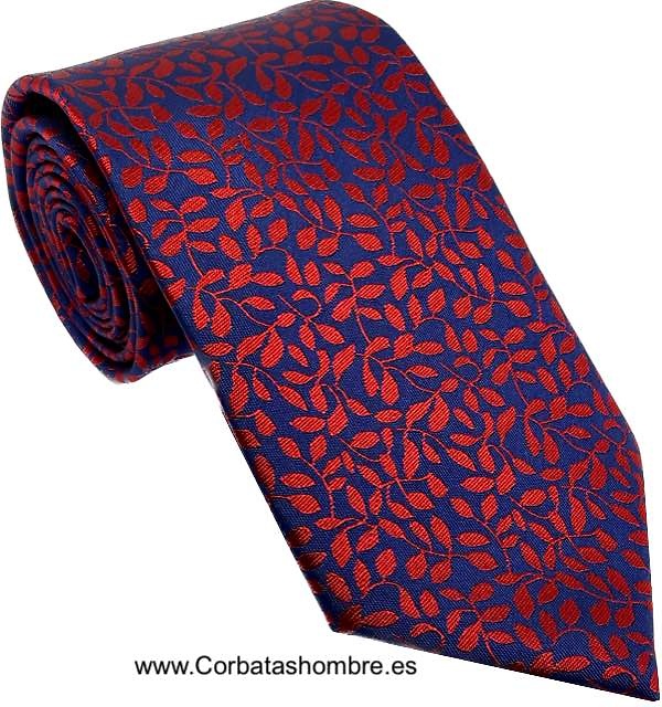 CORBATA AZUL MARINO CON DIBUJO DE CENEFA DE HOJAS DE LAUREL ROJAS 