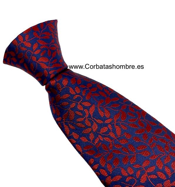 CORBATA AZUL MARINO CON DIBUJO DE CENEFA DE HOJAS DE LAUREL ROJAS 