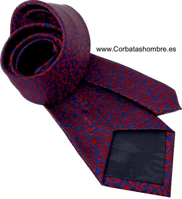 CORBATA AZUL MARINO CON DIBUJO DE CENEFA DE HOJAS DE LAUREL ROJAS 