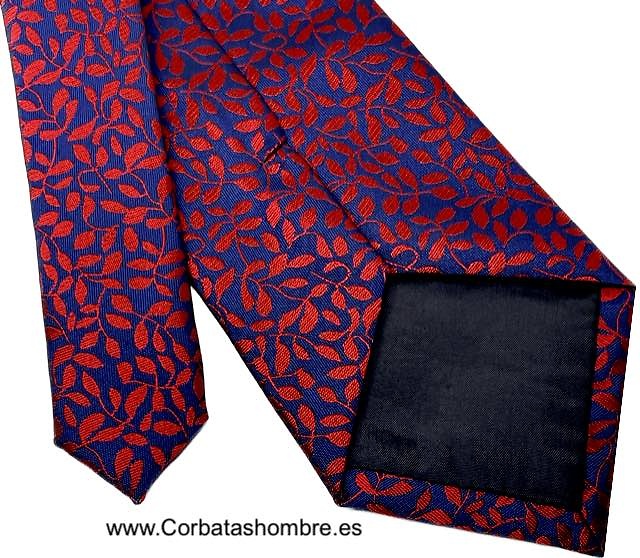 CORBATA AZUL MARINO CON DIBUJO DE CENEFA DE HOJAS DE LAUREL ROJAS 