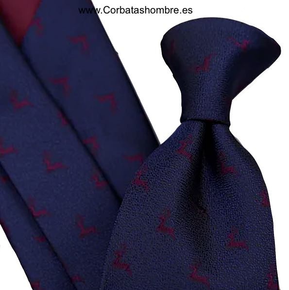 CORBATA AZUL MARINO CON DIBUJO DE CIERVOS BURDEOS 