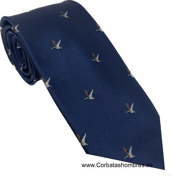 CORBATA AZUL MARINO CON DIBUJO DE PATOS VOLANDO 