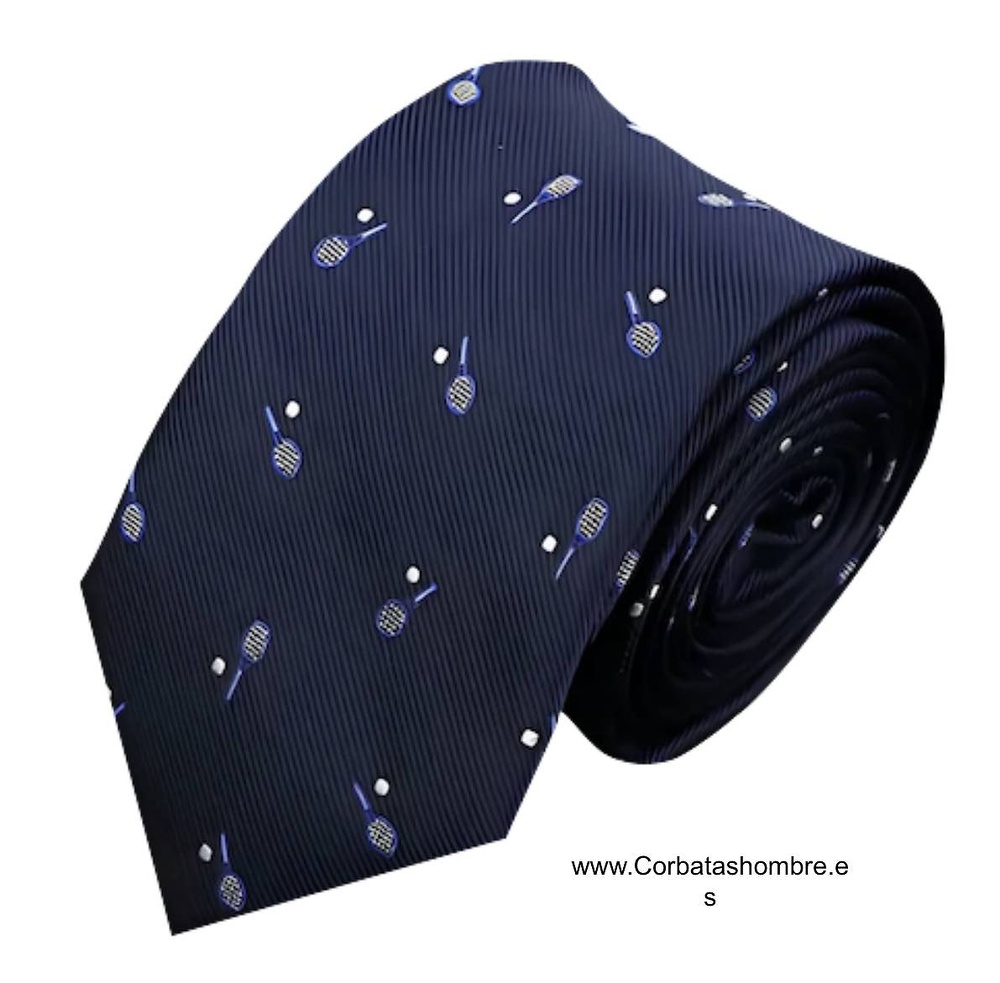 CORBATA AZUL MARINO CON DIBUJO DE RAQUETAS DE TENIS Y PELOTAS 