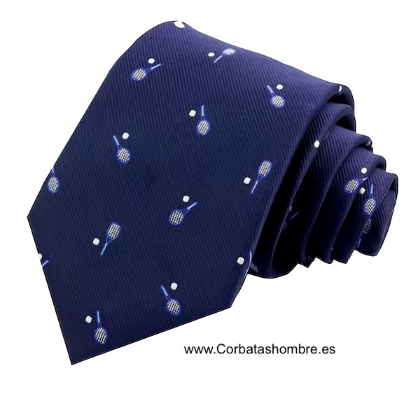CORBATA AZUL MARINO CON DIBUJO DE RAQUETAS DE TENIS Y PELOTAS 