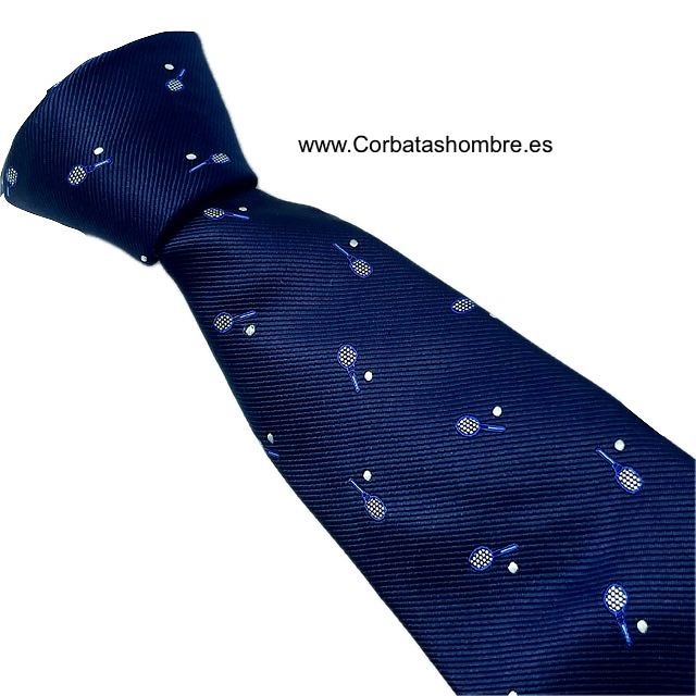CORBATA AZUL MARINO CON DIBUJO DE RAQUETAS DE TENIS Y PELOTAS 