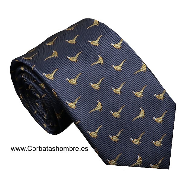 CORBATA AZUL MARINO CON FAISANES DE TELA ZIGZAG AZUL MARINO 