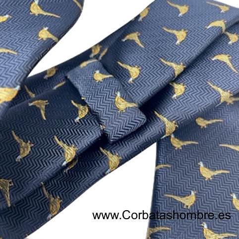 CORBATA AZUL MARINO CON FAISANES DE TELA ZIGZAG AZUL MARINO 