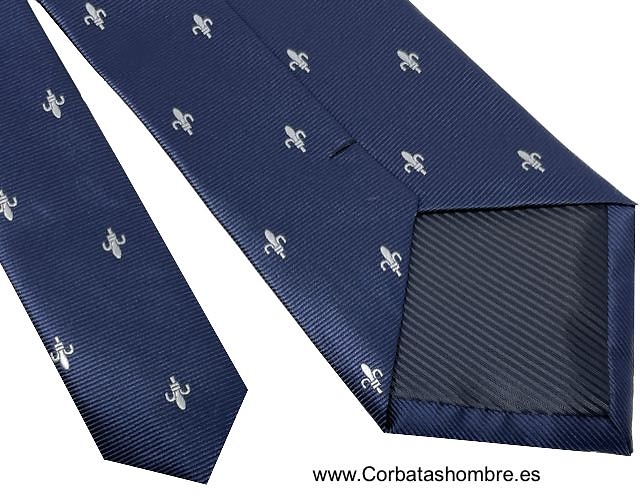 CORBATA AZUL MARINO CON FLORES DE LYS BLANCAS 