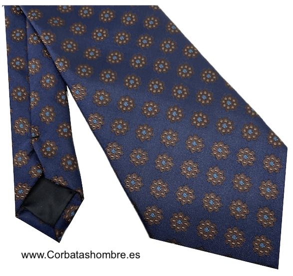 CORBATA AZUL MARINO CON FLORES OCHO PETALOS MARRONES 