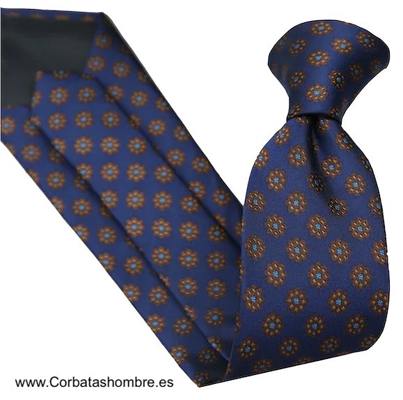 CORBATA AZUL MARINO CON FLORES OCHO PETALOS MARRONES 