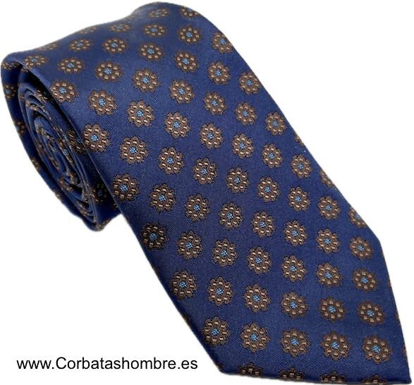 CORBATA AZUL MARINO CON FLORES OCHO PETALOS MARRONES 