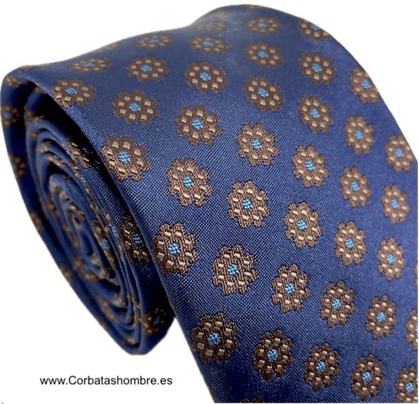 CORBATA AZUL MARINO CON FLORES OCHO PETALOS MARRONES 