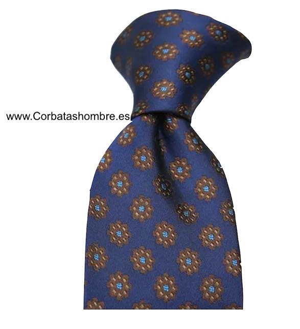 CORBATA AZUL MARINO CON FLORES OCHO PETALOS MARRONES 