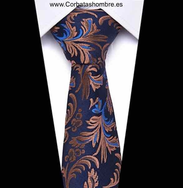 CORBATA AZUL MARINO CON HOJAS MARRÓN COBRE 