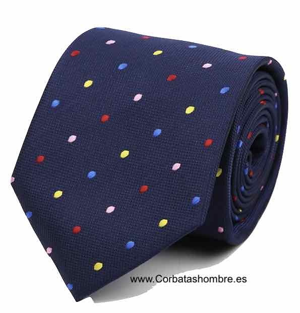 CORBATA AZUL MARINO CON LUNARES AMARILLOS, ROSAS, ROJOS Y AZULES 