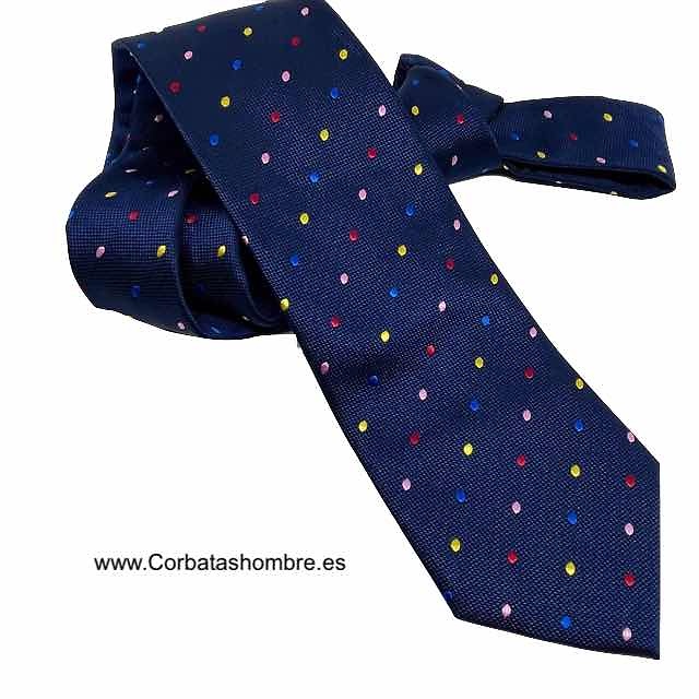 CORBATA AZUL MARINO CON LUNARES AMARILLOS, ROSAS, ROJOS Y AZULES 