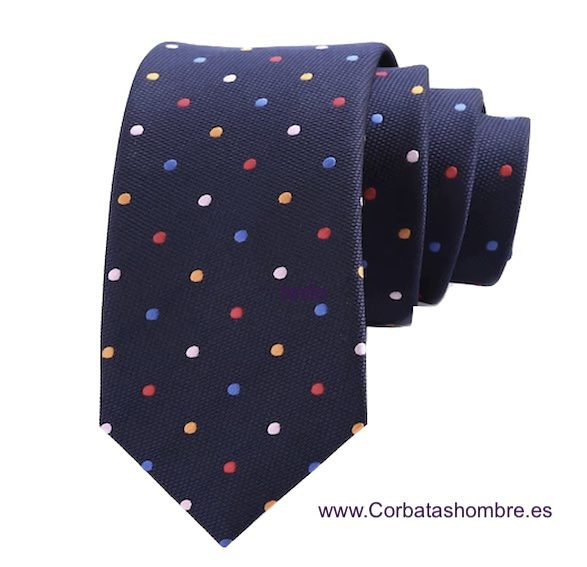 CORBATA AZUL MARINO CON LUNARES AMARILLOS, ROSAS, ROJOS Y AZULES 