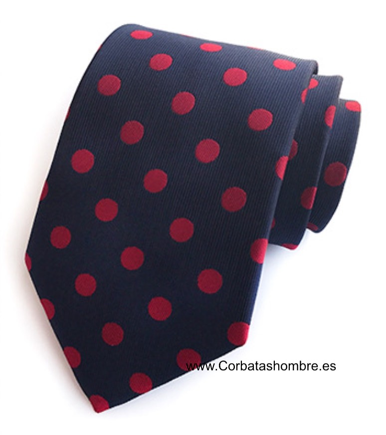 CORBATA AZUL MARINO CON LUNARES ROJOS GRANDES ELEGANTES 