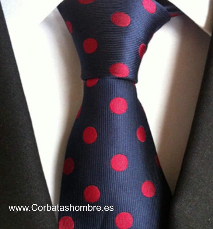 CORBATA AZUL MARINO CON LUNARES ROJOS GRANDES ELEGANTES 