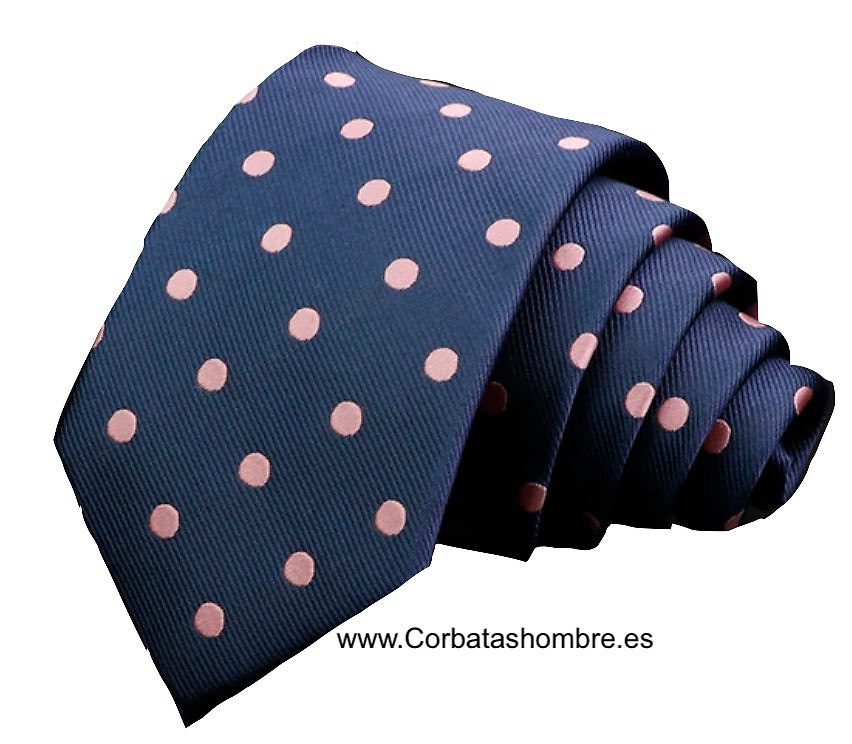 CORBATA AZUL MARINO CON LUNARES ROSAS GRANDES Y ELEGANTES 