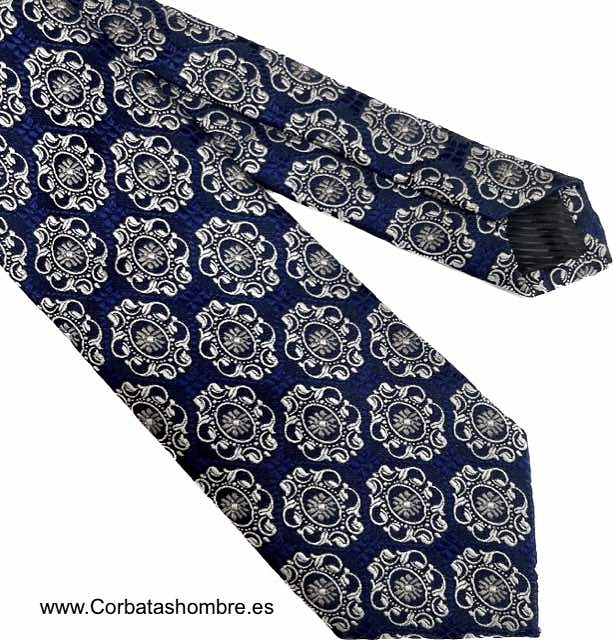 CORBATA AZUL MARINO CON MEDALLONES BARROCOS PLATEADOS 