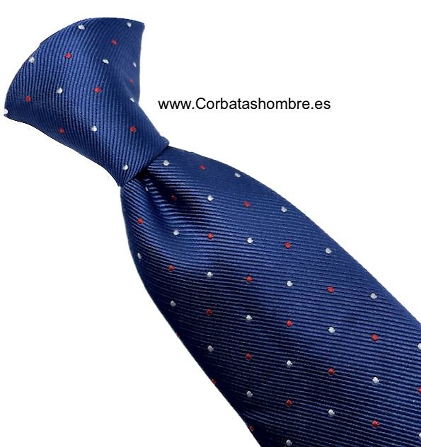 CORBATA AZUL MARINO CON PEQUEÑOS LUNARES BLANCOS Y ROJOS 