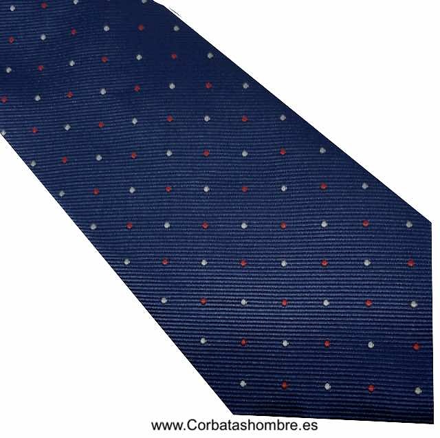 CORBATA AZUL MARINO CON PEQUEÑOS LUNARES BLANCOS Y ROJOS 