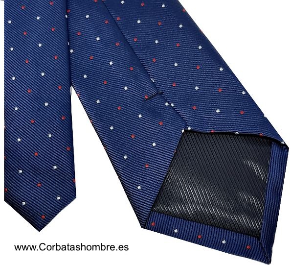 CORBATA AZUL MARINO CON PEQUEÑOS LUNARES BLANCOS Y ROJOS 