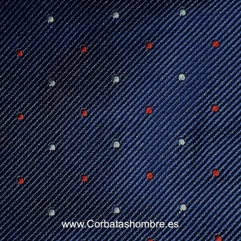 CORBATA AZUL MARINO CON PEQUEÑOS LUNARES BLANCOS Y ROJOS 