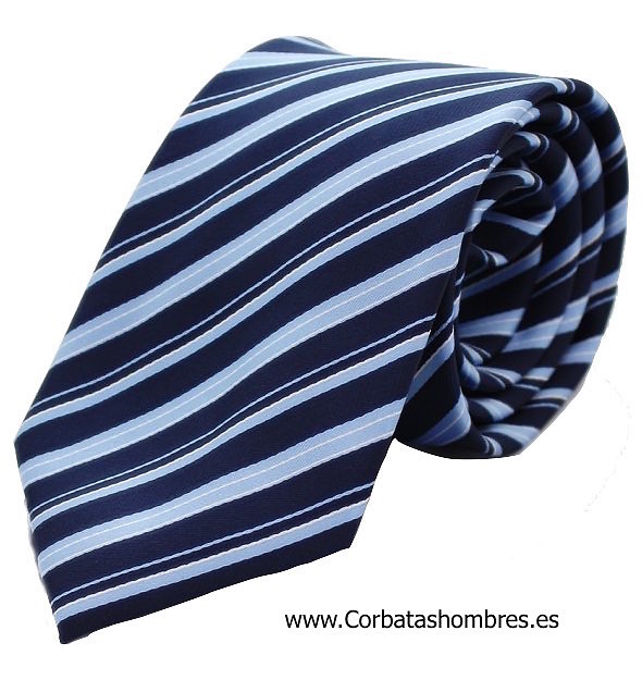 CORBATA AZUL MARINO CON RAYAS AZULES DE DISTINTOS GROSORES 