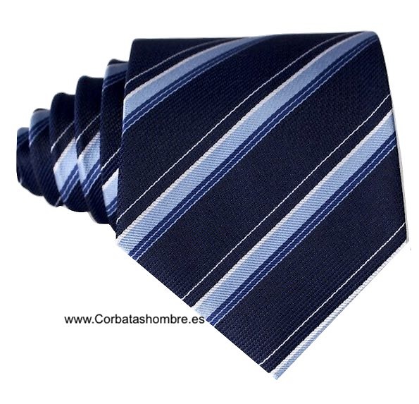 CORBATA AZUL MARINO CON RAYAS AZULES DE DISTINTOS GROSORES 